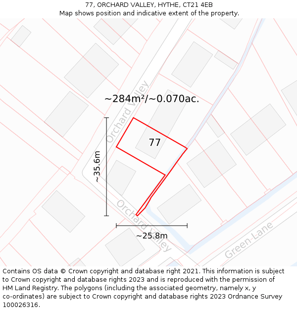 77, ORCHARD VALLEY, HYTHE, CT21 4EB: Plot and title map