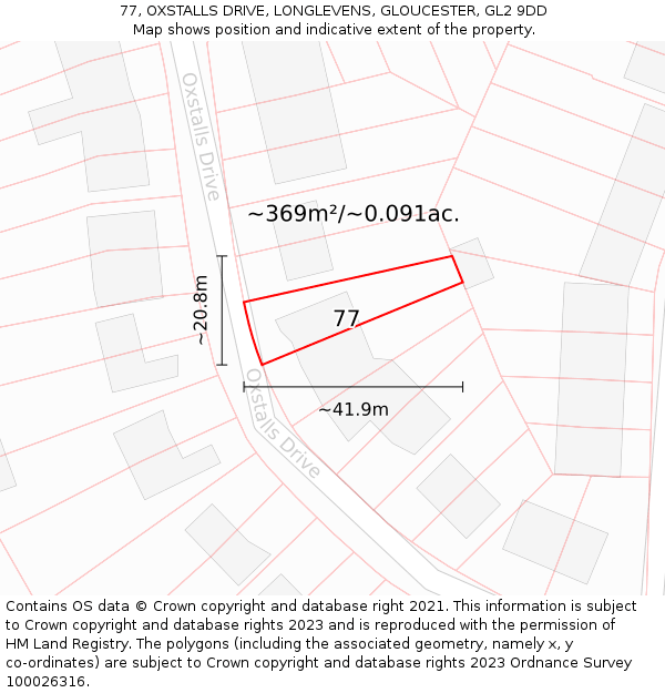 77, OXSTALLS DRIVE, LONGLEVENS, GLOUCESTER, GL2 9DD: Plot and title map