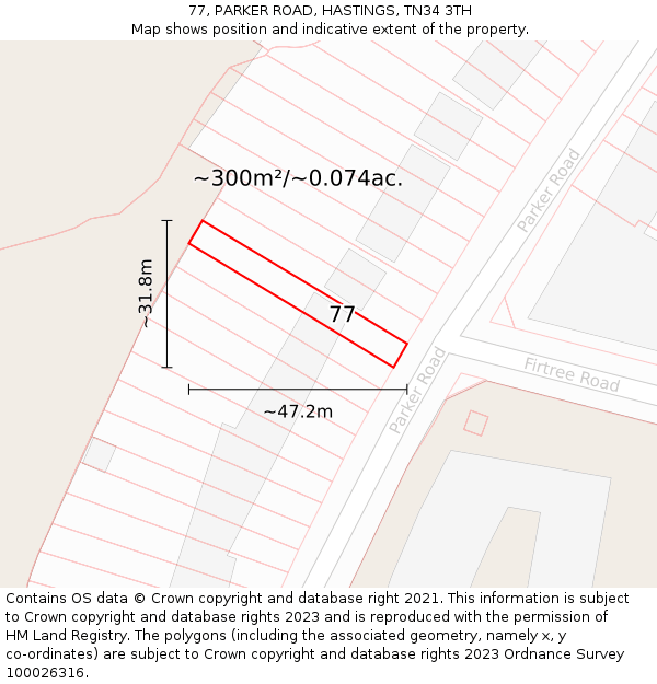 77, PARKER ROAD, HASTINGS, TN34 3TH: Plot and title map