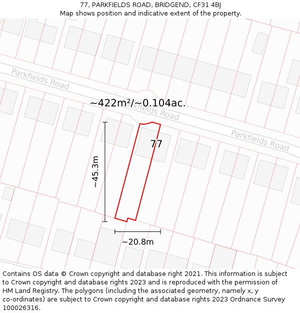 77, PARKFIELDS ROAD, BRIDGEND, CF31 4BJ: Plot and title map