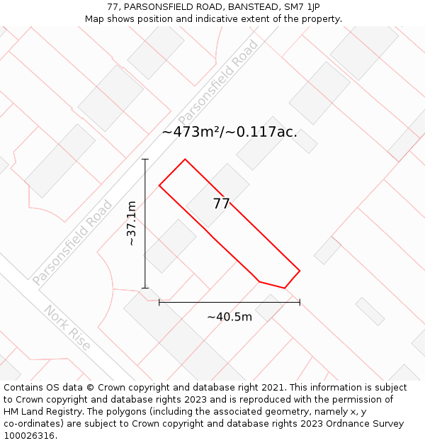 77, PARSONSFIELD ROAD, BANSTEAD, SM7 1JP: Plot and title map