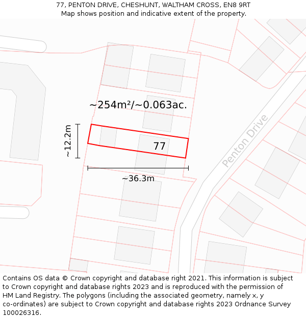 77, PENTON DRIVE, CHESHUNT, WALTHAM CROSS, EN8 9RT: Plot and title map