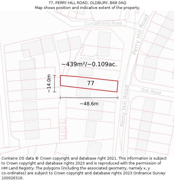 77, PERRY HILL ROAD, OLDBURY, B68 0AQ: Plot and title map