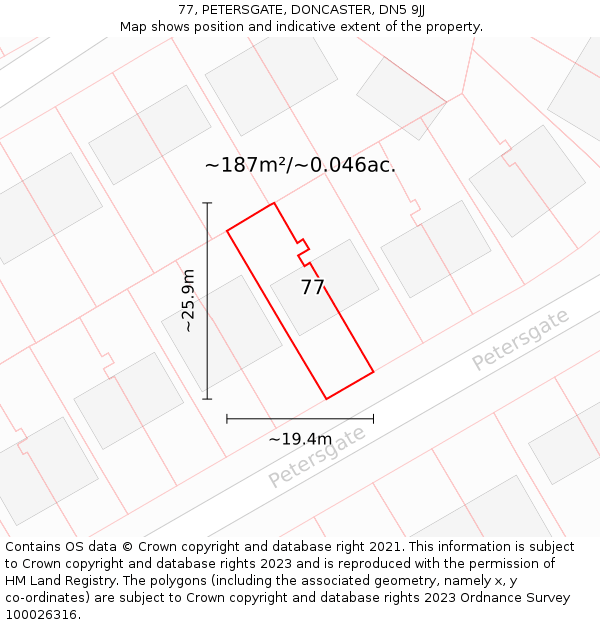 77, PETERSGATE, DONCASTER, DN5 9JJ: Plot and title map