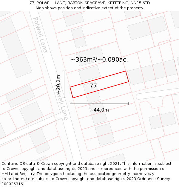 77, POLWELL LANE, BARTON SEAGRAVE, KETTERING, NN15 6TD: Plot and title map