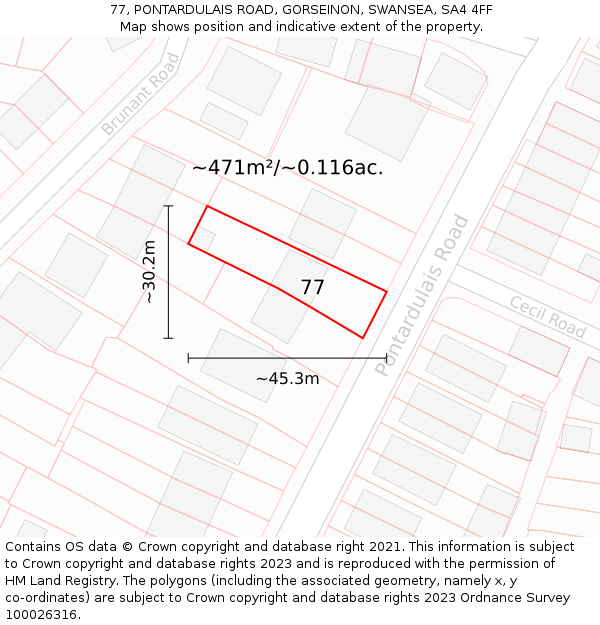 77, PONTARDULAIS ROAD, GORSEINON, SWANSEA, SA4 4FF: Plot and title map