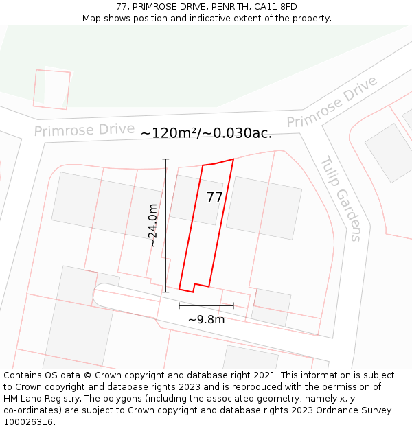 77, PRIMROSE DRIVE, PENRITH, CA11 8FD: Plot and title map