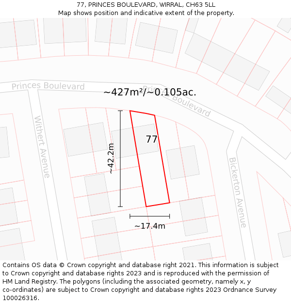 77, PRINCES BOULEVARD, WIRRAL, CH63 5LL: Plot and title map