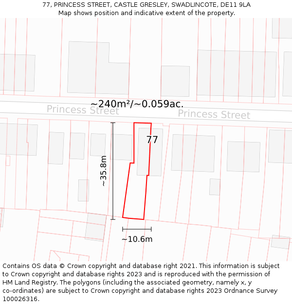 77, PRINCESS STREET, CASTLE GRESLEY, SWADLINCOTE, DE11 9LA: Plot and title map