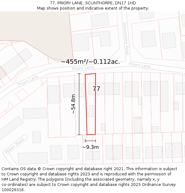 77, PRIORY LANE, SCUNTHORPE, DN17 1HD: Plot and title map