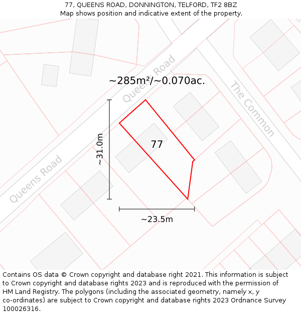 77, QUEENS ROAD, DONNINGTON, TELFORD, TF2 8BZ: Plot and title map