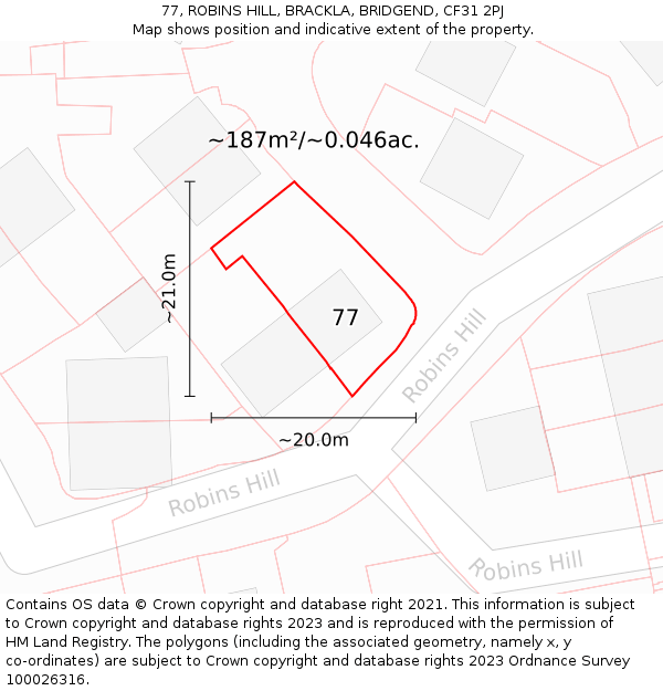77, ROBINS HILL, BRACKLA, BRIDGEND, CF31 2PJ: Plot and title map
