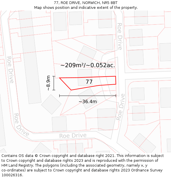 77, ROE DRIVE, NORWICH, NR5 8BT: Plot and title map