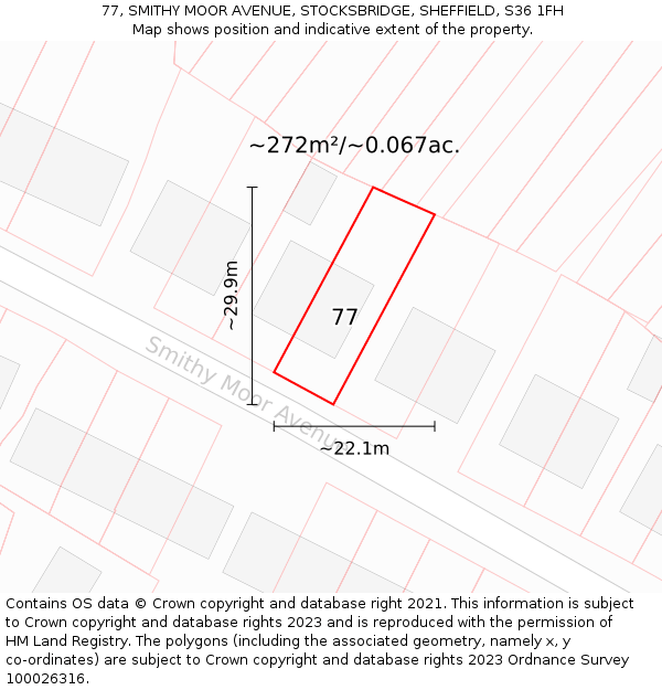 77, SMITHY MOOR AVENUE, STOCKSBRIDGE, SHEFFIELD, S36 1FH: Plot and title map