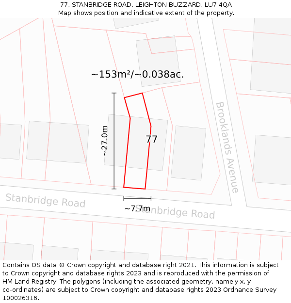 77, STANBRIDGE ROAD, LEIGHTON BUZZARD, LU7 4QA: Plot and title map