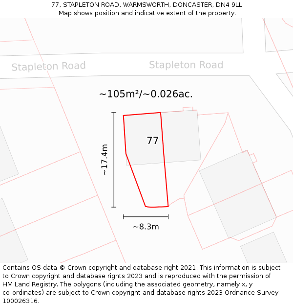 77, STAPLETON ROAD, WARMSWORTH, DONCASTER, DN4 9LL: Plot and title map