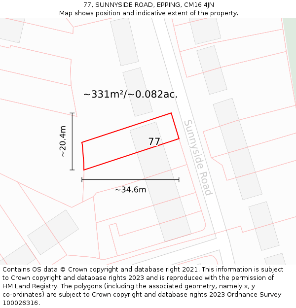 77, SUNNYSIDE ROAD, EPPING, CM16 4JN: Plot and title map