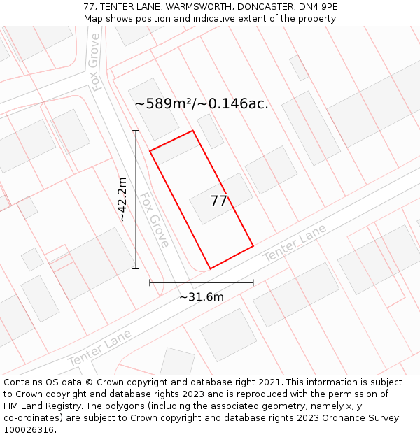 77, TENTER LANE, WARMSWORTH, DONCASTER, DN4 9PE: Plot and title map