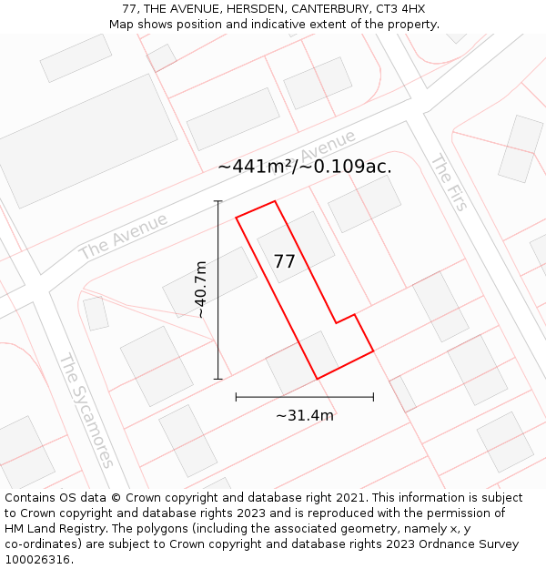 77, THE AVENUE, HERSDEN, CANTERBURY, CT3 4HX: Plot and title map