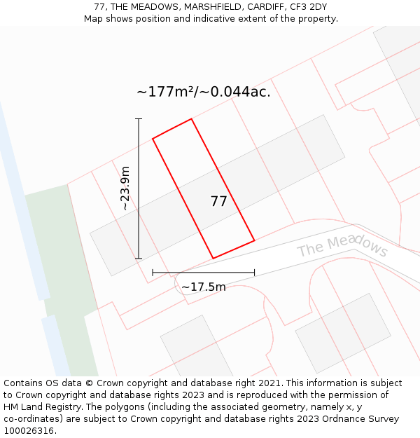 77, THE MEADOWS, MARSHFIELD, CARDIFF, CF3 2DY: Plot and title map