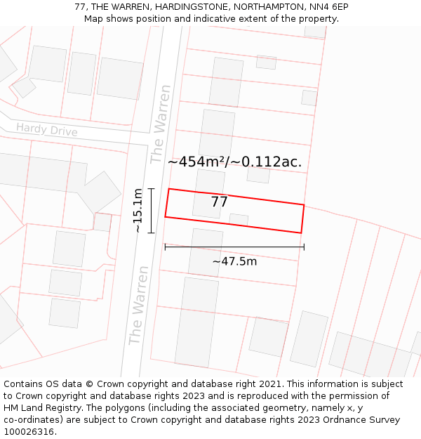 77, THE WARREN, HARDINGSTONE, NORTHAMPTON, NN4 6EP: Plot and title map