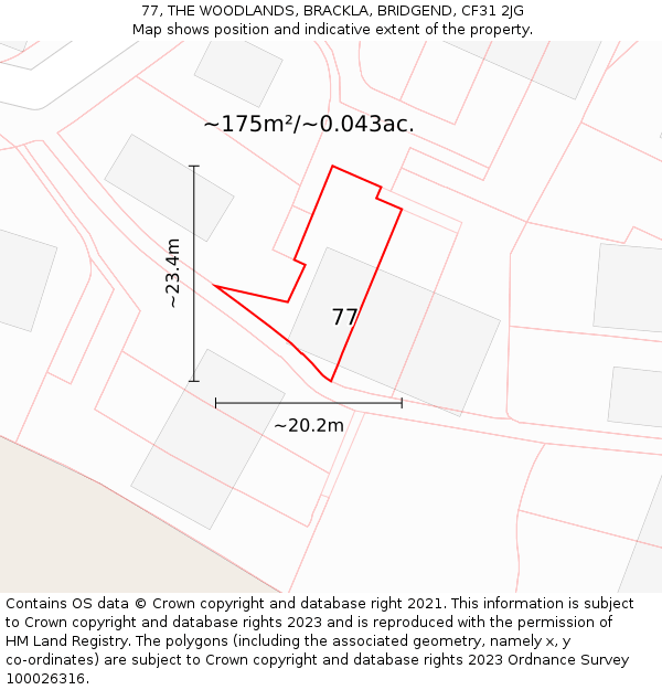 77, THE WOODLANDS, BRACKLA, BRIDGEND, CF31 2JG: Plot and title map