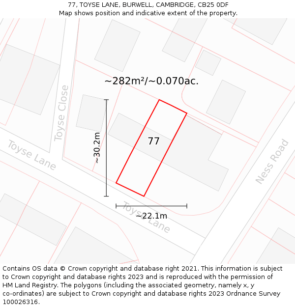 77, TOYSE LANE, BURWELL, CAMBRIDGE, CB25 0DF: Plot and title map