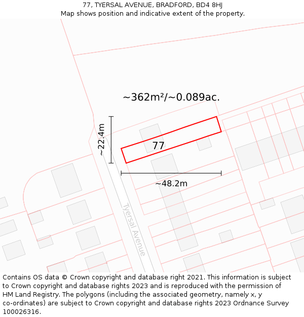 77, TYERSAL AVENUE, BRADFORD, BD4 8HJ: Plot and title map