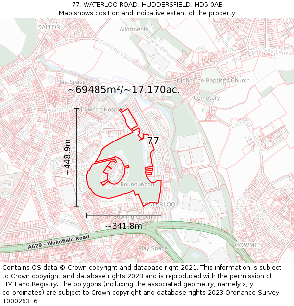 77, WATERLOO ROAD, HUDDERSFIELD, HD5 0AB: Plot and title map