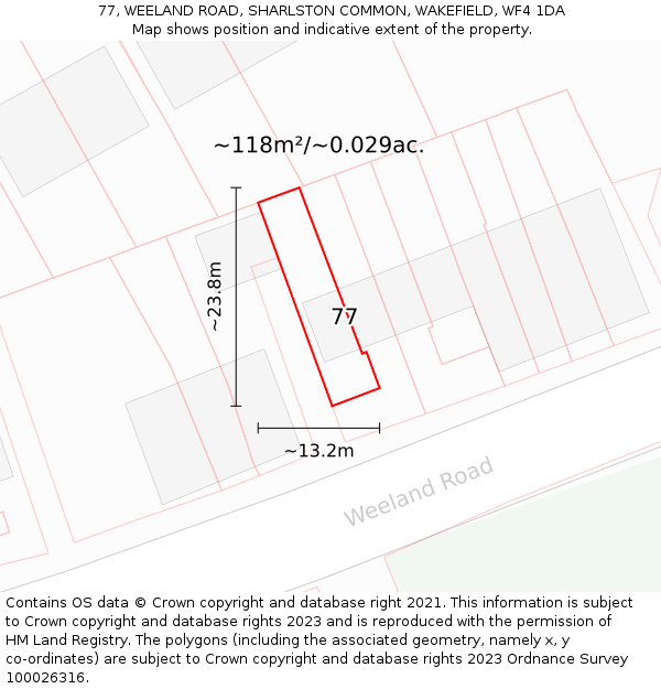 77, WEELAND ROAD, SHARLSTON COMMON, WAKEFIELD, WF4 1DA: Plot and title map