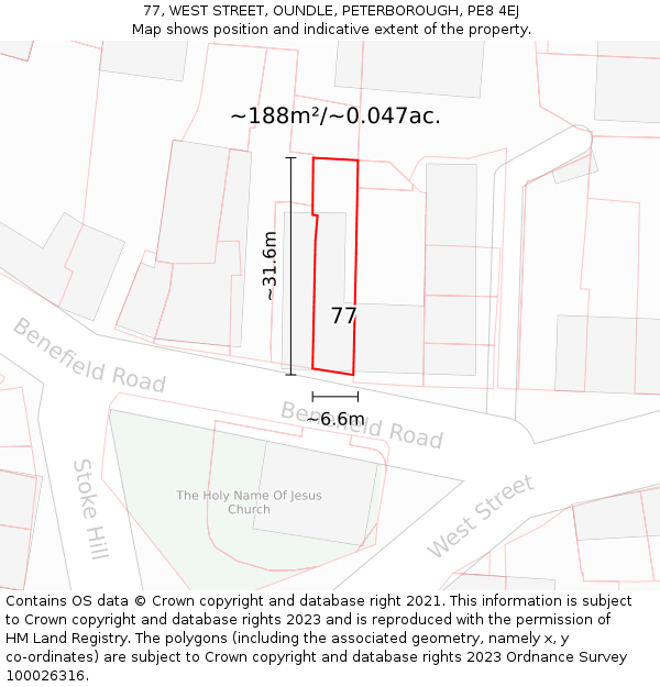 77, WEST STREET, OUNDLE, PETERBOROUGH, PE8 4EJ: Plot and title map