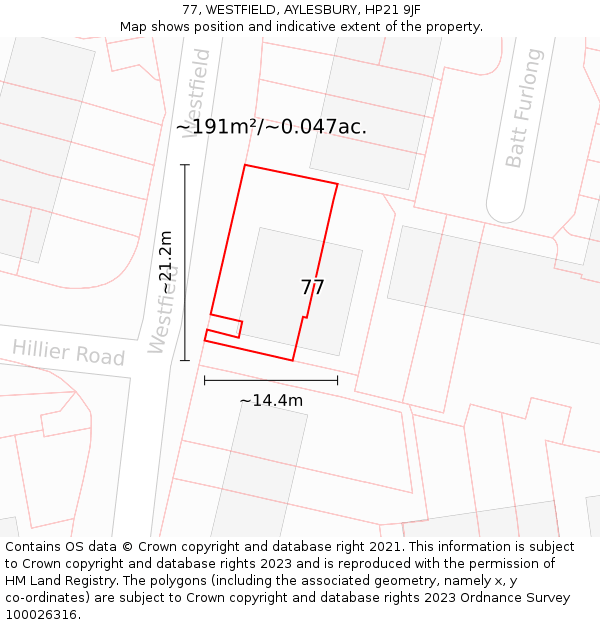 77, WESTFIELD, AYLESBURY, HP21 9JF: Plot and title map