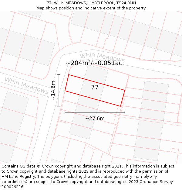 77, WHIN MEADOWS, HARTLEPOOL, TS24 9NU: Plot and title map