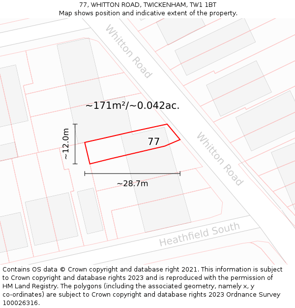 77, WHITTON ROAD, TWICKENHAM, TW1 1BT: Plot and title map