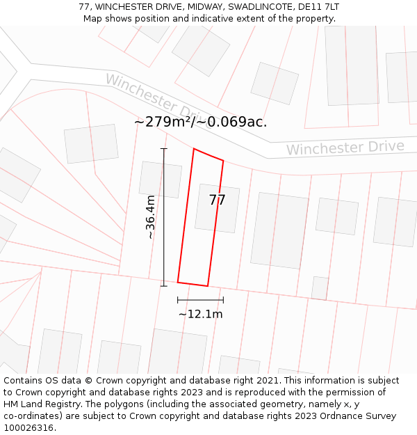 77, WINCHESTER DRIVE, MIDWAY, SWADLINCOTE, DE11 7LT: Plot and title map
