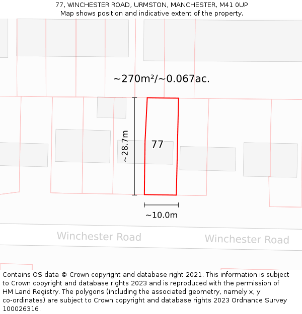 77, WINCHESTER ROAD, URMSTON, MANCHESTER, M41 0UP: Plot and title map
