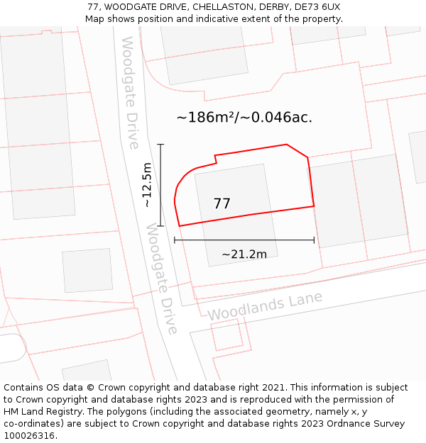 77, WOODGATE DRIVE, CHELLASTON, DERBY, DE73 6UX: Plot and title map
