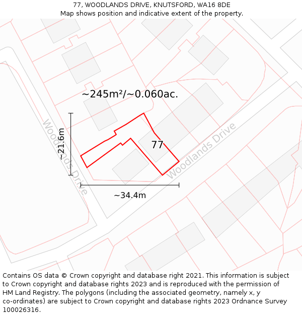 77, WOODLANDS DRIVE, KNUTSFORD, WA16 8DE: Plot and title map
