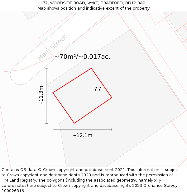 77, WOODSIDE ROAD, WYKE, BRADFORD, BD12 8AP: Plot and title map