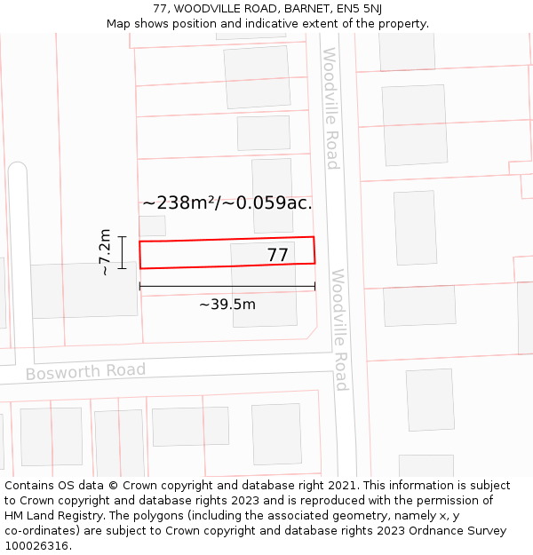77, WOODVILLE ROAD, BARNET, EN5 5NJ: Plot and title map