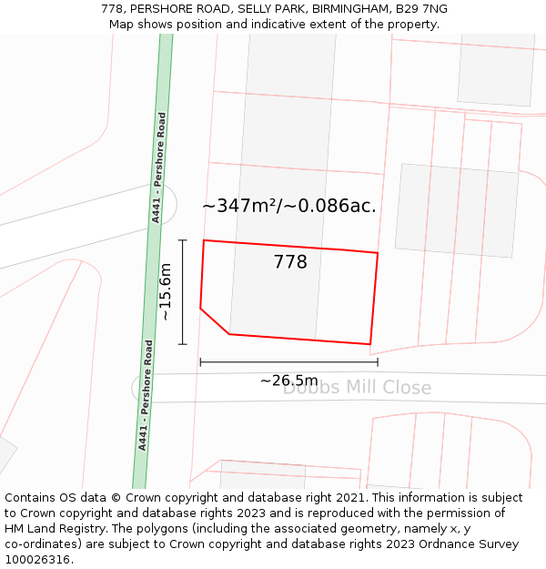778, PERSHORE ROAD, SELLY PARK, BIRMINGHAM, B29 7NG: Plot and title map