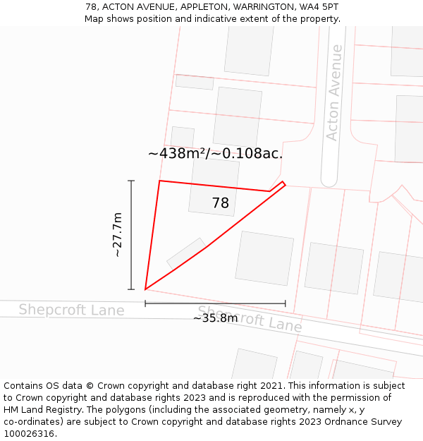 78, ACTON AVENUE, APPLETON, WARRINGTON, WA4 5PT: Plot and title map