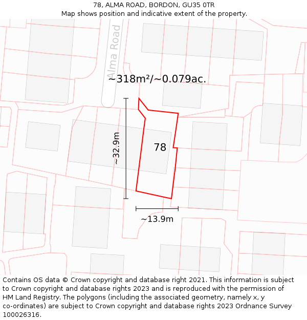 78, ALMA ROAD, BORDON, GU35 0TR: Plot and title map