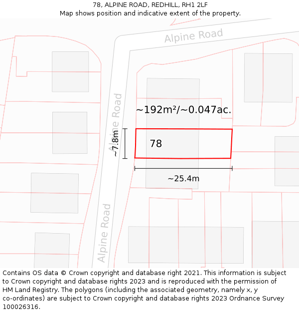 78, ALPINE ROAD, REDHILL, RH1 2LF: Plot and title map