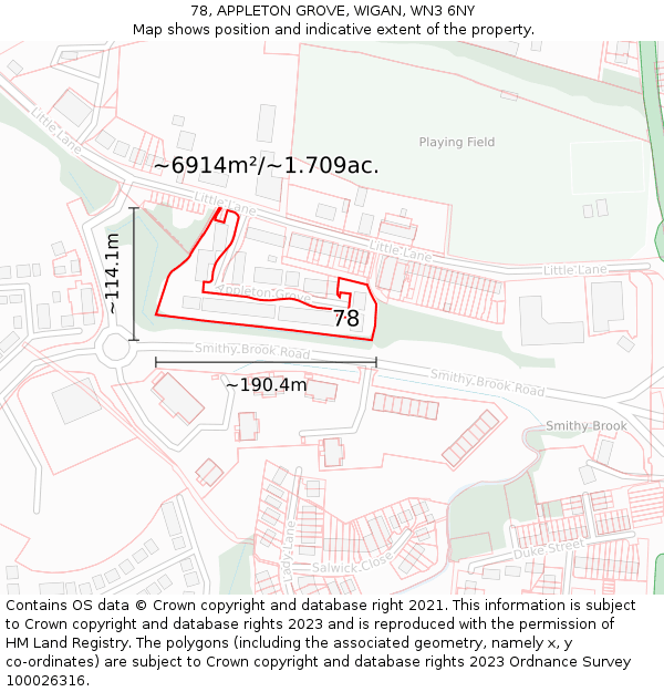 78, APPLETON GROVE, WIGAN, WN3 6NY: Plot and title map