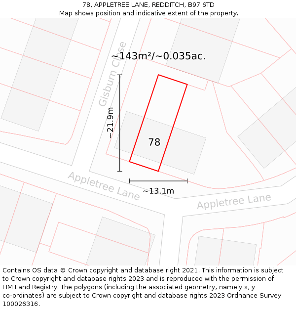 78, APPLETREE LANE, REDDITCH, B97 6TD: Plot and title map