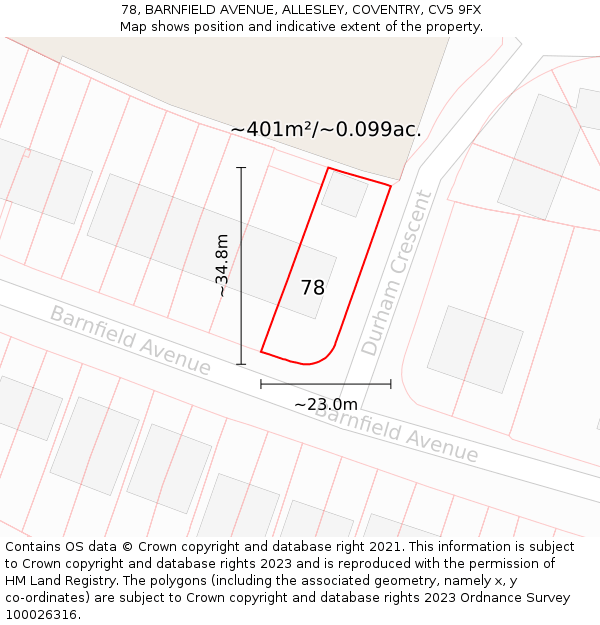 78, BARNFIELD AVENUE, ALLESLEY, COVENTRY, CV5 9FX: Plot and title map