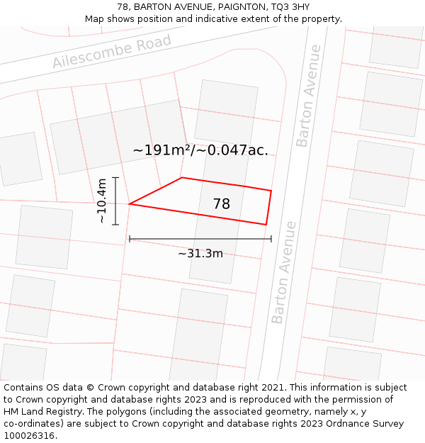 78, BARTON AVENUE, PAIGNTON, TQ3 3HY: Plot and title map