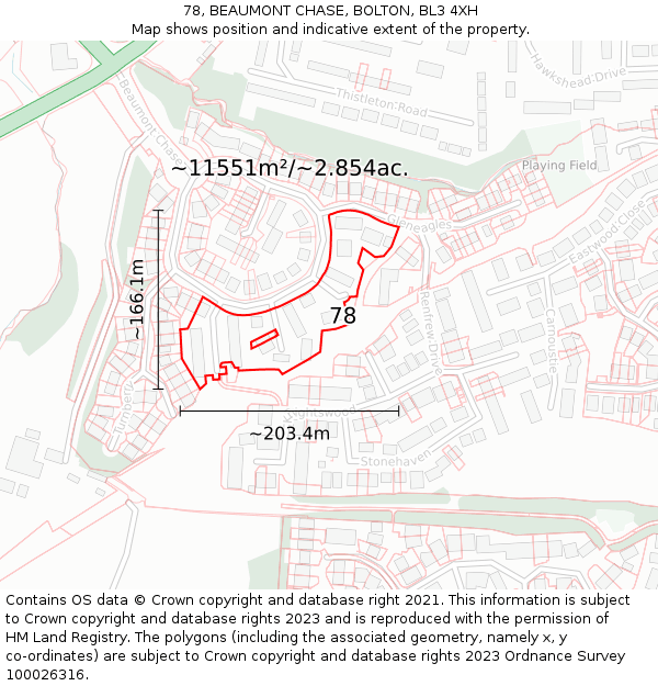 78, BEAUMONT CHASE, BOLTON, BL3 4XH: Plot and title map