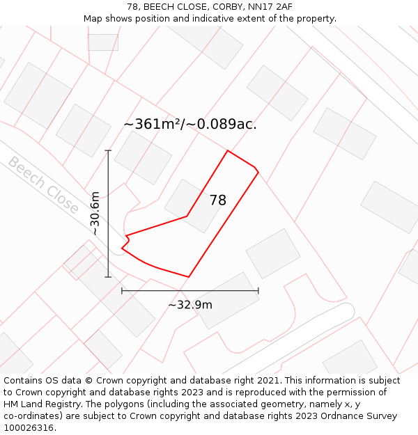 78, BEECH CLOSE, CORBY, NN17 2AF: Plot and title map